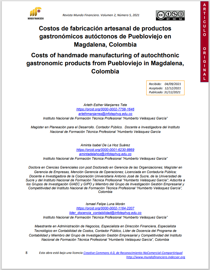 Costos de fabricación artesanal de productos gastronómicos autóctonos de Puebloviejo en Magdalena, Colombia